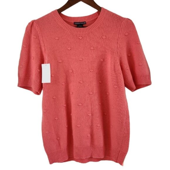 Chelsea & Theodore Sweaters - Chelsea & Theodore Womens Size L Coral Peach Pommed Sweater Puffed Sleeve New